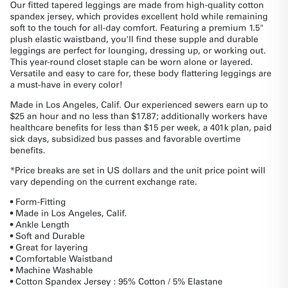 Los Angeles Apparel Cotton Spandex Leggings - Picture 2 of 2